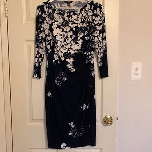 Chaps Navy Floral 3/4 Sleeves Ruched Dress